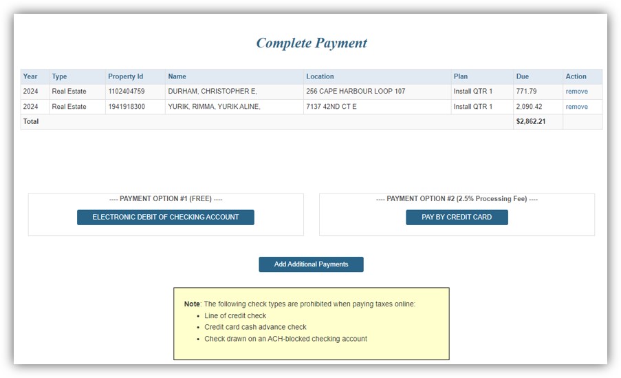 This image displays the shopping cart page highlighting the option to pay using the electronic debit of checking account button or the pay by credit card button along with a list of items in the cart with a remove link to the right of each row allowing the user to remove the item from the cart.